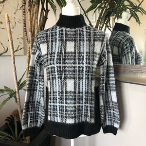 NINE WEST Black & Blue Plaid Mockneck Knit Sweater